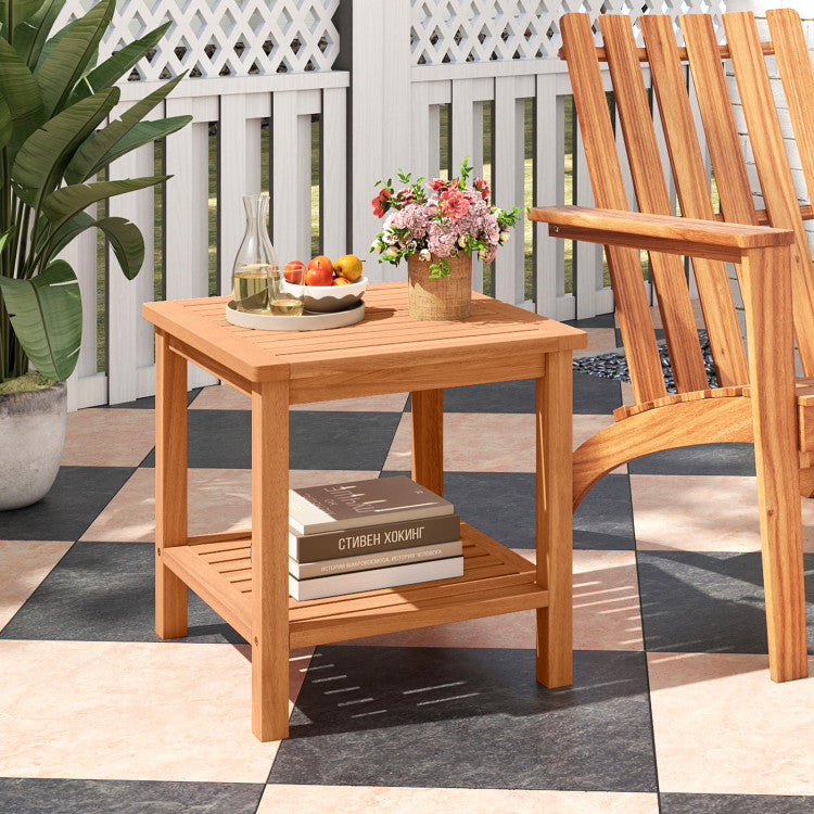 Patio Acacia Wood Side Table Set of 2 with Slatted Tabletop and Storage Shelf