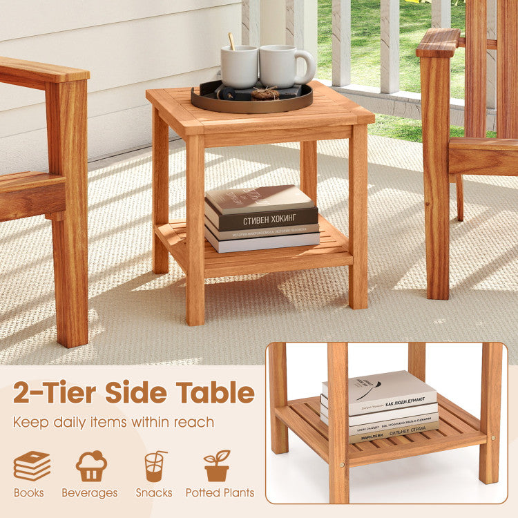 Patio Acacia Wood Side Table Set of 2 with Slatted Tabletop and Storage Shelf