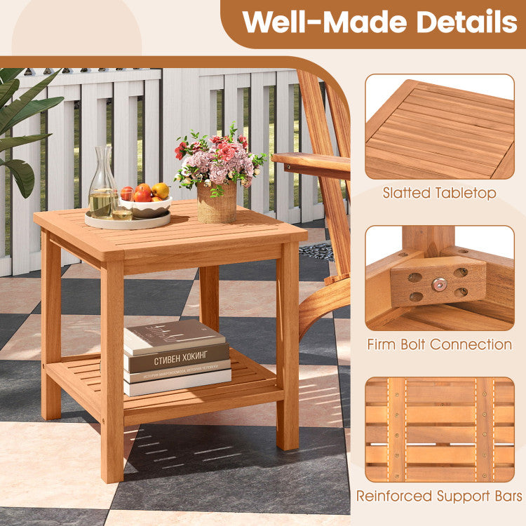 Patio Acacia Wood Side Table Set of 2 with Slatted Tabletop and Storage Shelf
