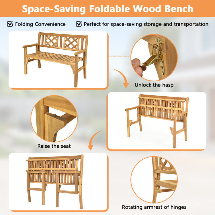 Patio Foldable Bench with Curved Backrest and Armrest