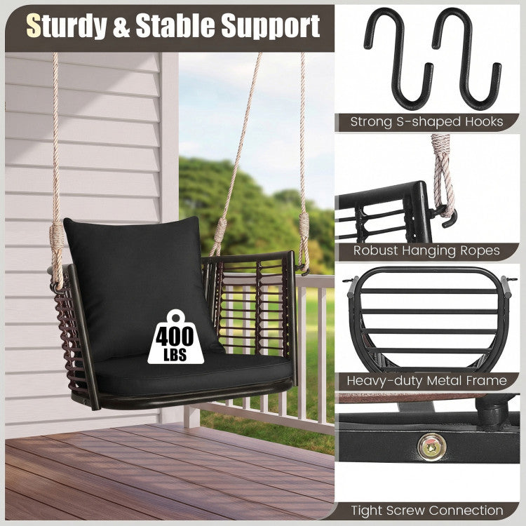 Porch Swing Patio Hanging Rattan Chair with Zippered Cushions and Rope