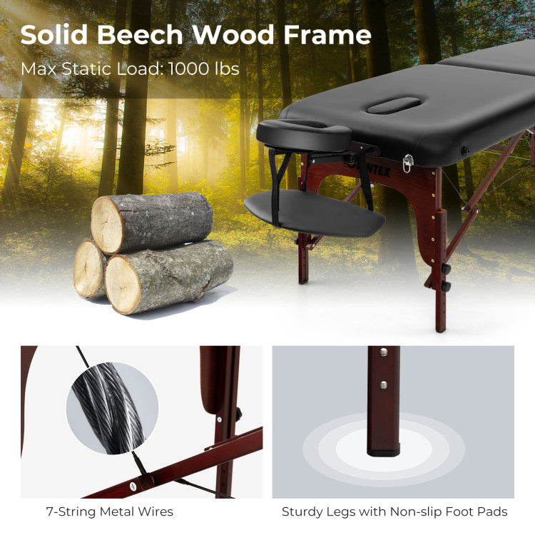 Folding Massage Table with Height-adjustable Beech Wood Frame