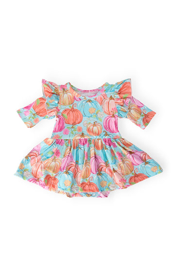 Preppy Pumpkins 3/4 Sleeve Twirl Flutter Bodysuit