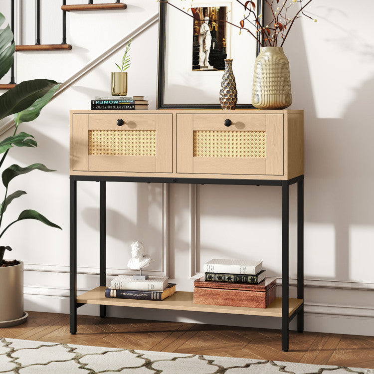Rattan Console Table Boho Entryway Table with 2 Rattan Drawers and Open Storage Shelf