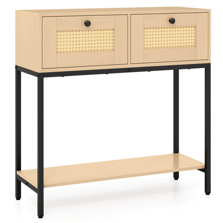 Rattan Console Table Boho Entryway Table with 2 Rattan Drawers and Open Storage Shelf