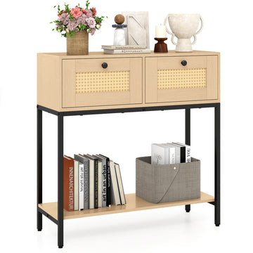 Rattan Console Table Boho Entryway Table with 2 Rattan Drawers and Open Storage Shelf