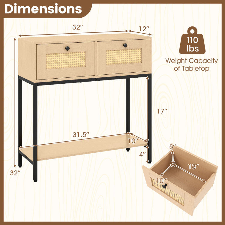Rattan Console Table Boho Entryway Table with 2 Rattan Drawers and Open Storage Shelf