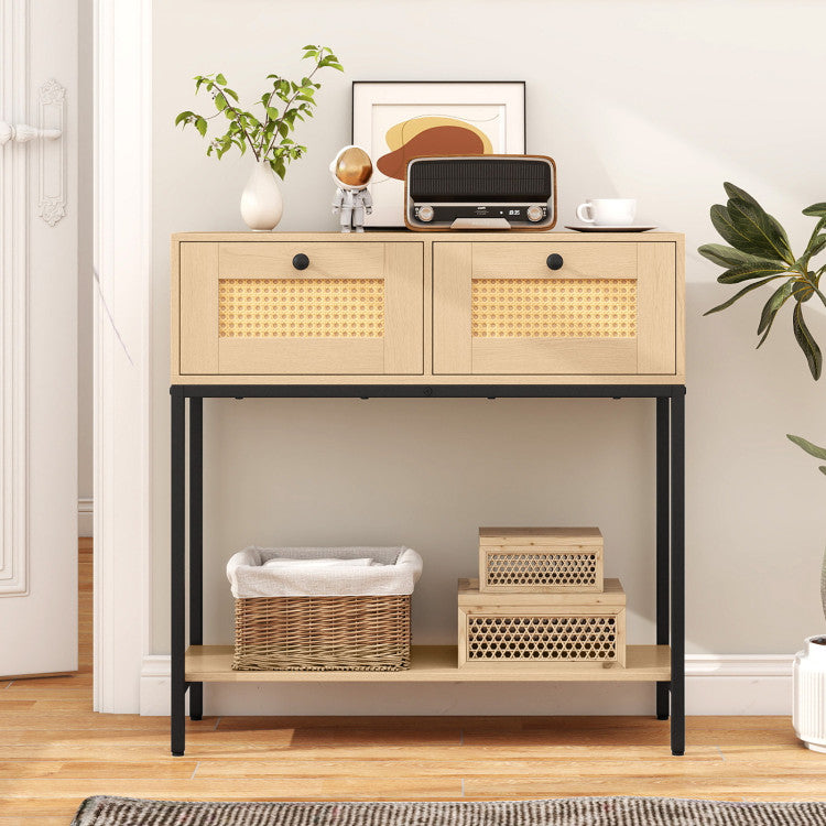 Rattan Console Table Boho Entryway Table with 2 Rattan Drawers and Open Storage Shelf