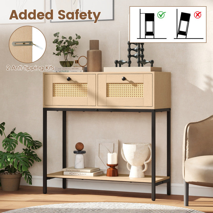 Rattan Console Table Boho Entryway Table with 2 Rattan Drawers and Open Storage Shelf