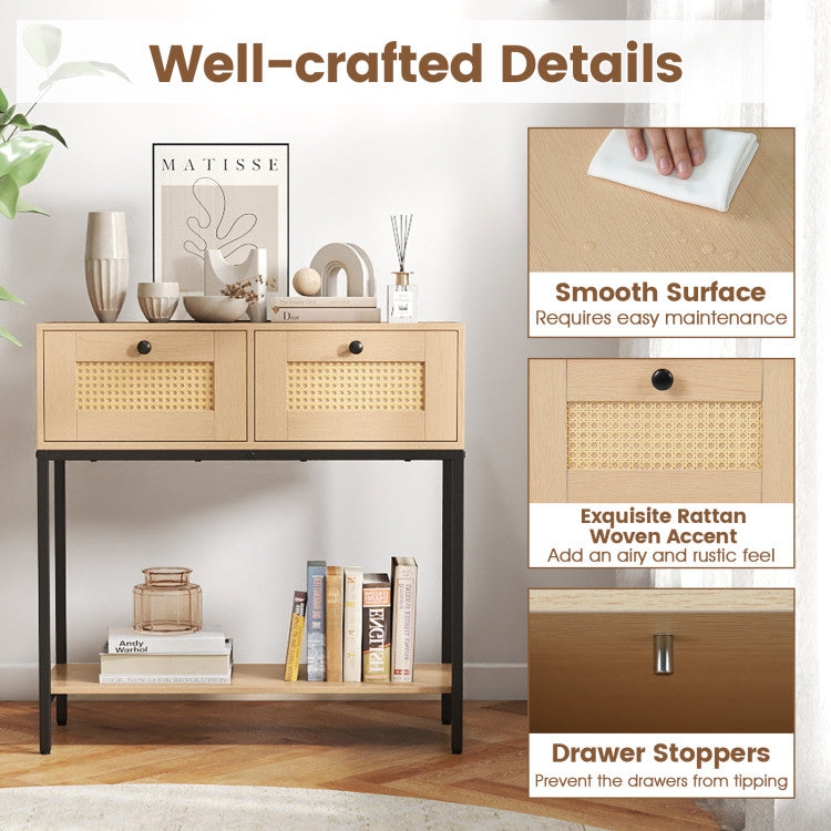 Rattan Console Table Boho Entryway Table with 2 Rattan Drawers and Open Storage Shelf