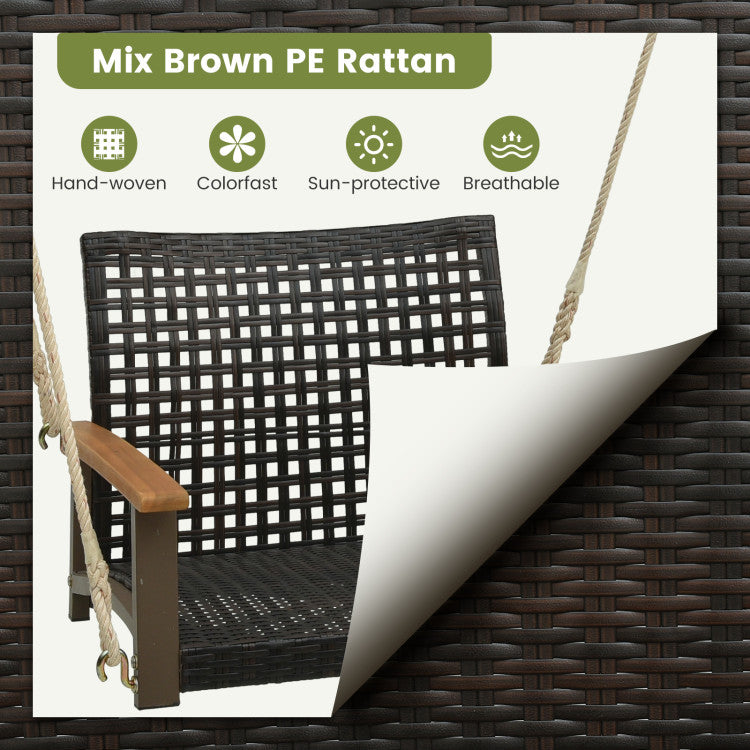 Single Rattan Porch Swing with Armrests Cushion and Hanging Ropes