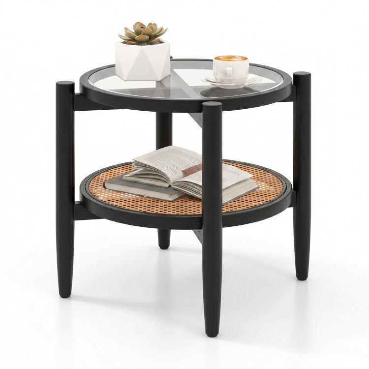 Rattan Round Side End Table with Tempered Glass Tabletop