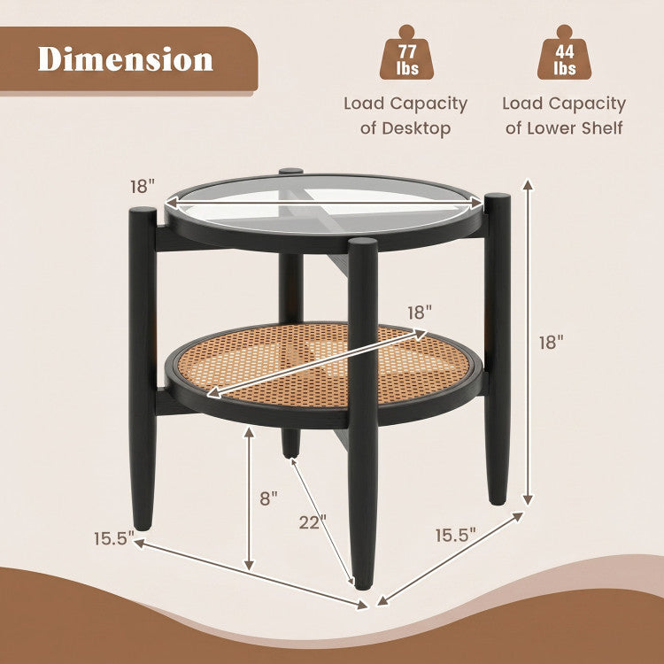 Rattan Round Side End Table with Tempered Glass Tabletop
