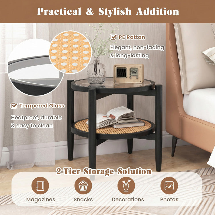 Rattan Round Side End Table with Tempered Glass Tabletop