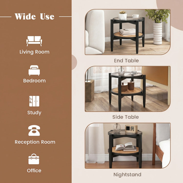 Rattan Round Side End Table with Tempered Glass Tabletop
