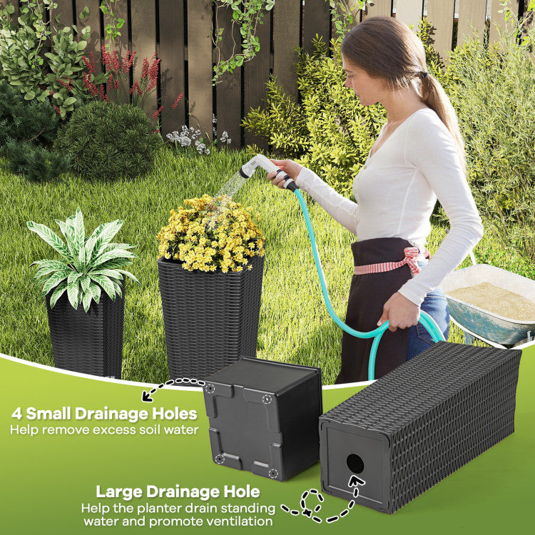 Rattan Tall Planter Set of 2 Outdoor Large Tapered Planters with Removable Inner Trays