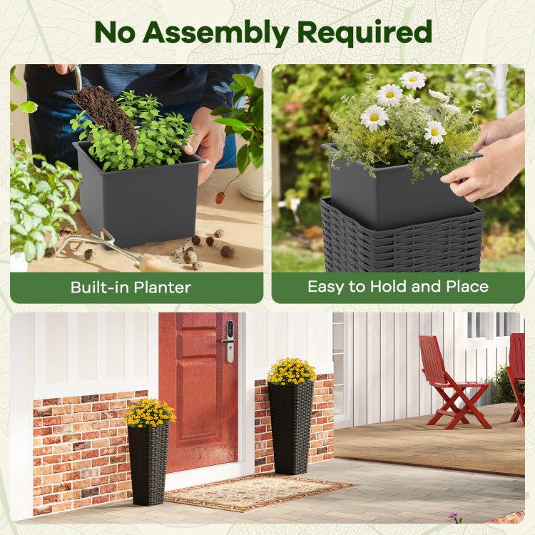 Rattan Tall Planter Set of 2 Outdoor Large Tapered Planters with Removable Inner Trays