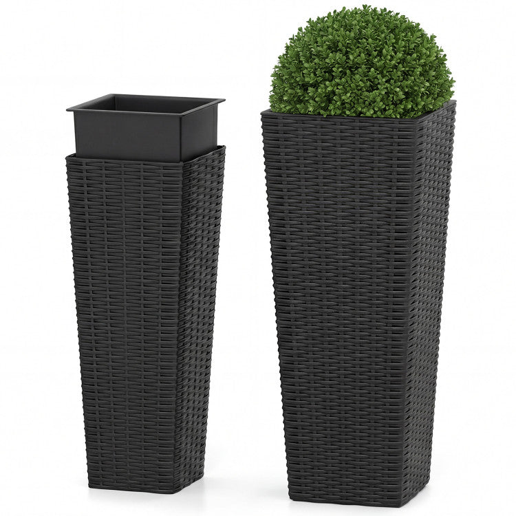 Rattan Tall Planter Set of 2 Outdoor Large Tapered Planters with Removable Inner Trays