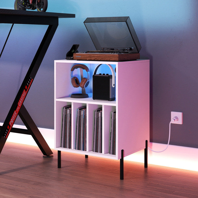 Record Player Stand with LED Light and Charging Station