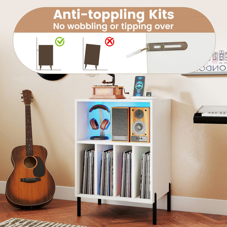 Record Player Stand with LED Light and Charging Station