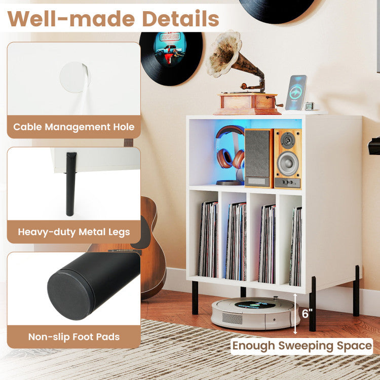 Record Player Stand with LED Light and Charging Station