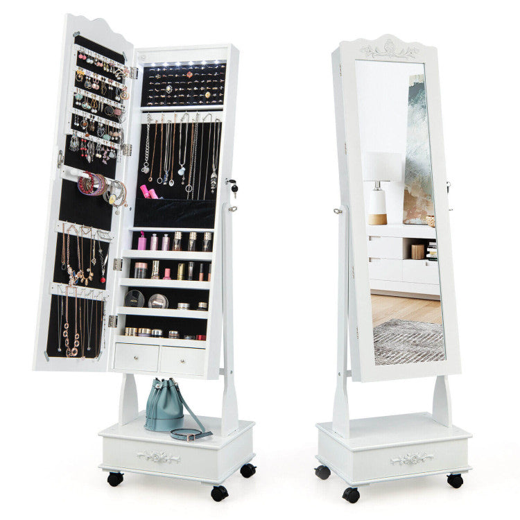 Rolling Floor Standing Mirrored Jewelry Armoire with Lock and Drawers