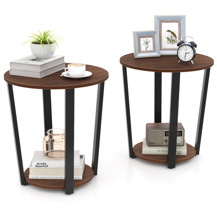 Round End Table with Open Shelf and Metal Frame
