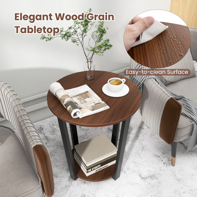 Round End Table with Open Shelf and Metal Frame