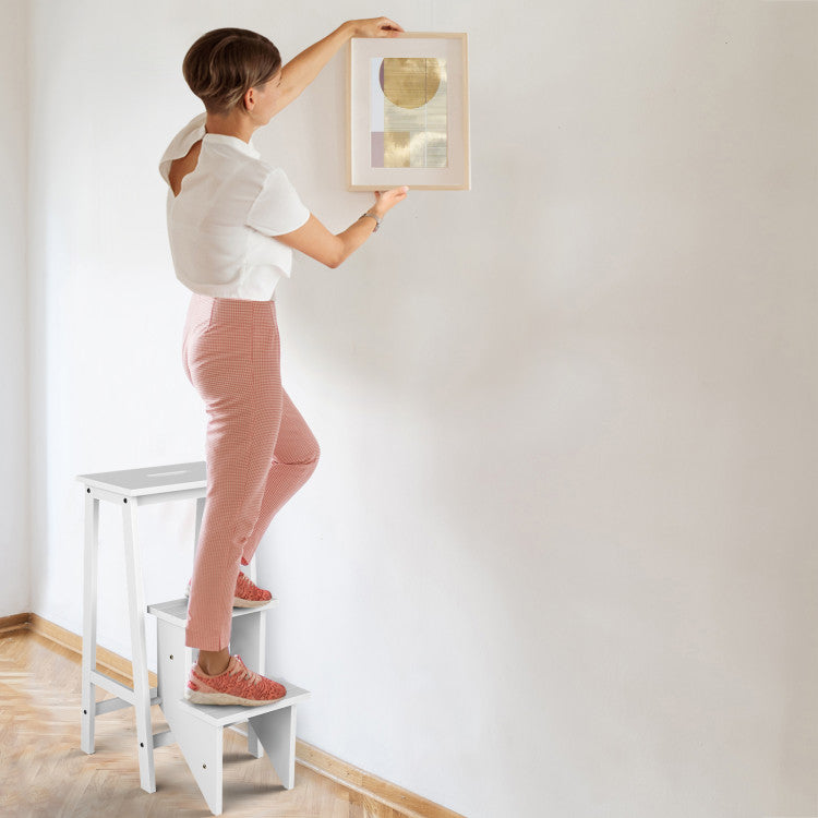 3-in-1 Rubber Wood 3 Tier Folding Step Stool Ladder Storage Shelf