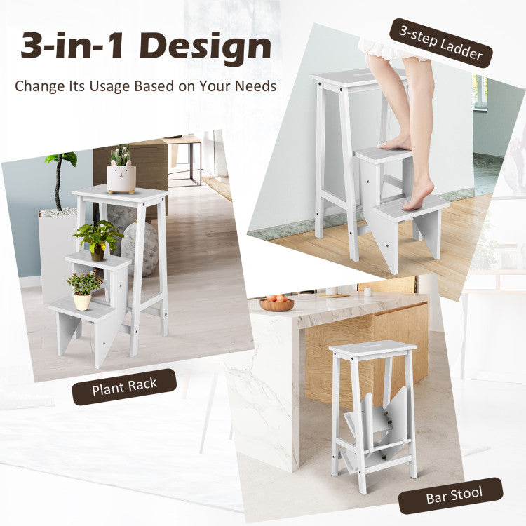 3-in-1 Rubber Wood 3 Tier Folding Step Stool Ladder Storage Shelf