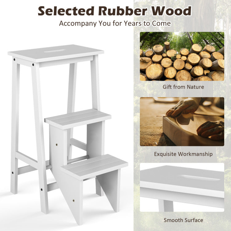 3-in-1 Rubber Wood 3 Tier Folding Step Stool Ladder Storage Shelf