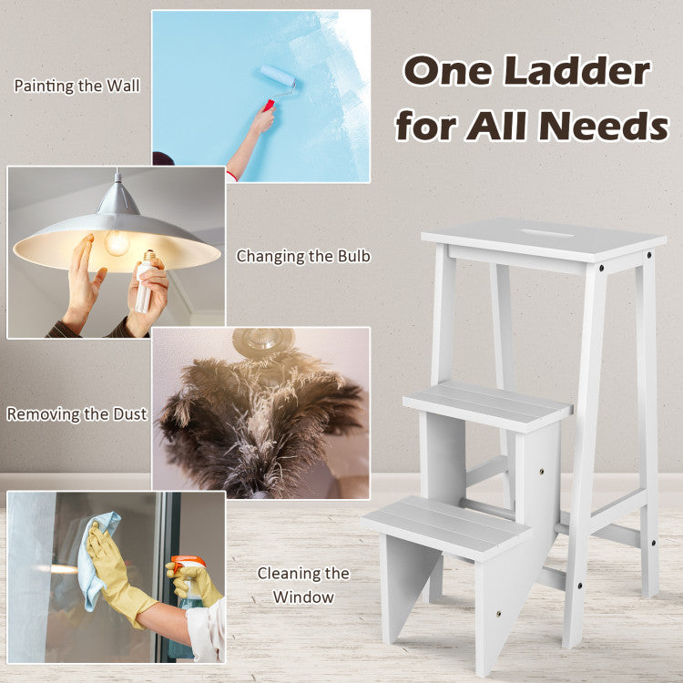3-in-1 Rubber Wood 3 Tier Folding Step Stool Ladder Storage Shelf