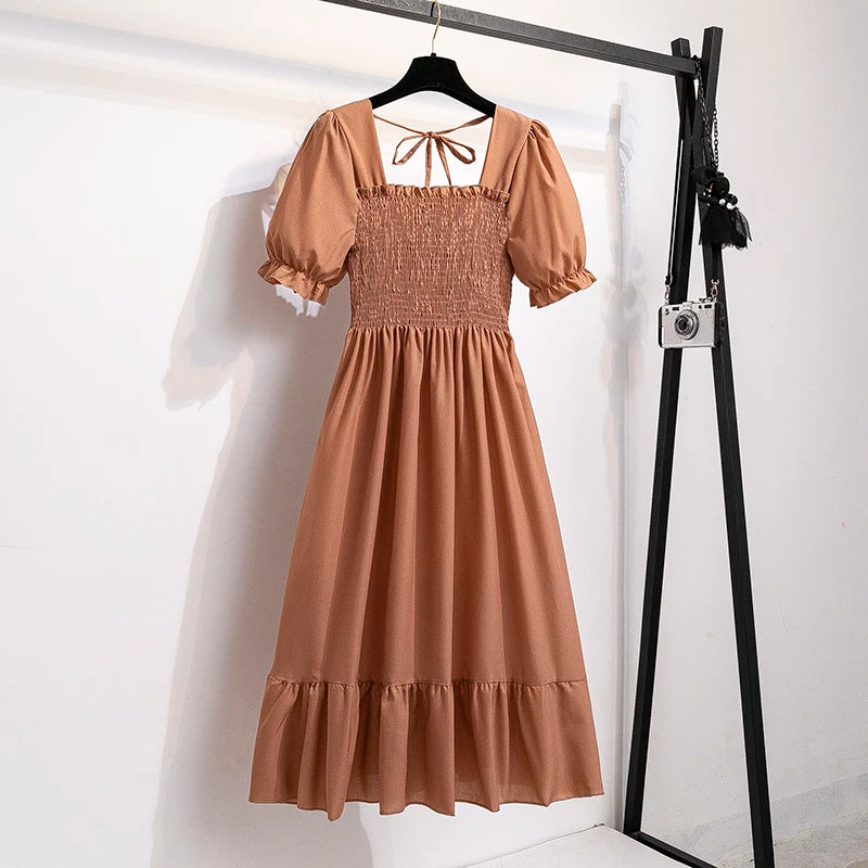 Women's Spring Summer Chiffon Pleated Dress - Casual Short Sleeve Elastic Waist A-Line Vestidos