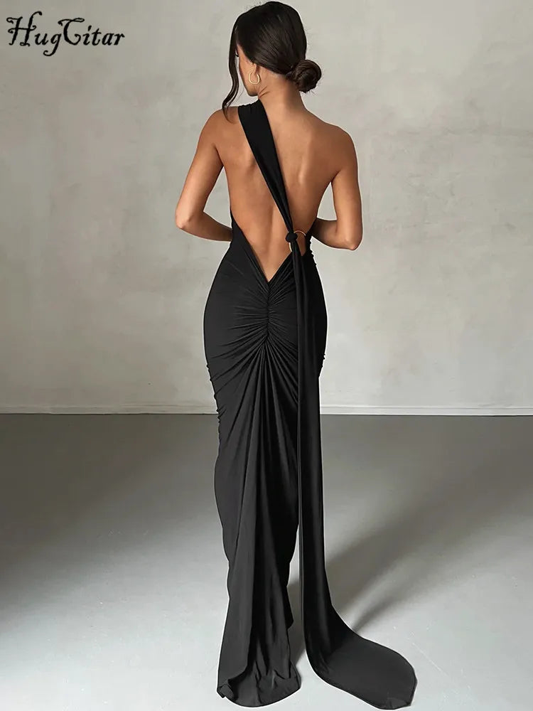 Hugcitar One Shoulder Backless Ruched Maxi Dress - Sexy Adjustable Scarf Loop Elegant Y2K Festival Clubwear