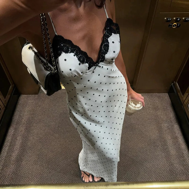 Tossy Contrast Lace V-Neck Patchwork Maxi Dress - Sexy Backless High Waist Slim Spaghetti Strap Party Long Dress