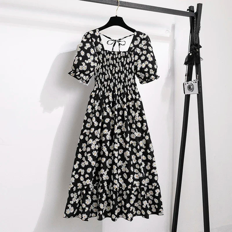 Women's Spring Summer Chiffon Pleated Dress - Casual Short Sleeve Elastic Waist A-Line Vestidos