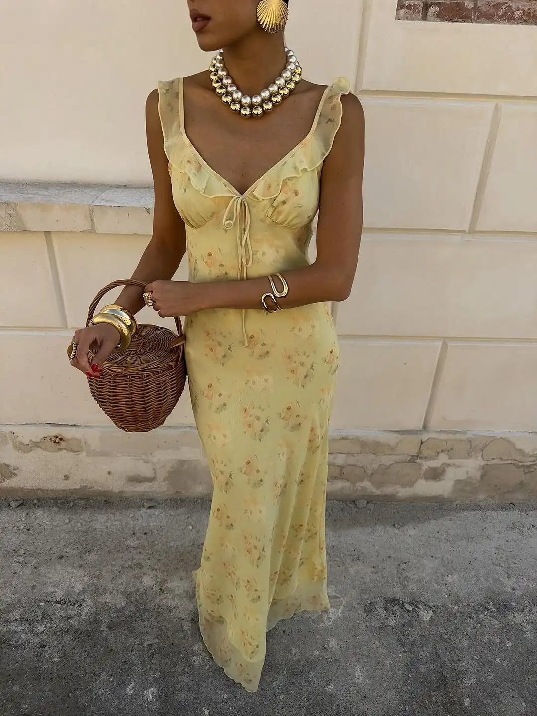 Cryptographic Elegant Plunging Neck Floral Maxi Dress - Fairycore Backless Summer Vacation Aesthetic Sun Dress