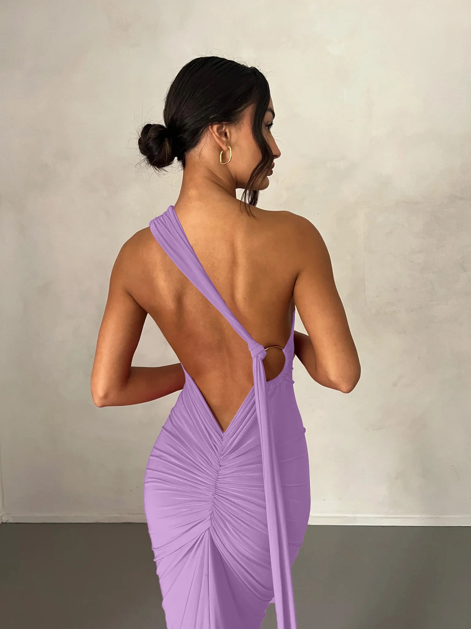 Hugcitar One Shoulder Backless Ruched Maxi Dress - Sexy Adjustable Scarf Loop Elegant Y2K Festival Clubwear