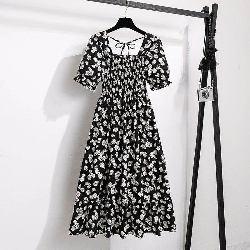 Women's Spring Summer Chiffon Pleated Dress - Casual Short Sleeve Elastic Waist A-Line Vestidos