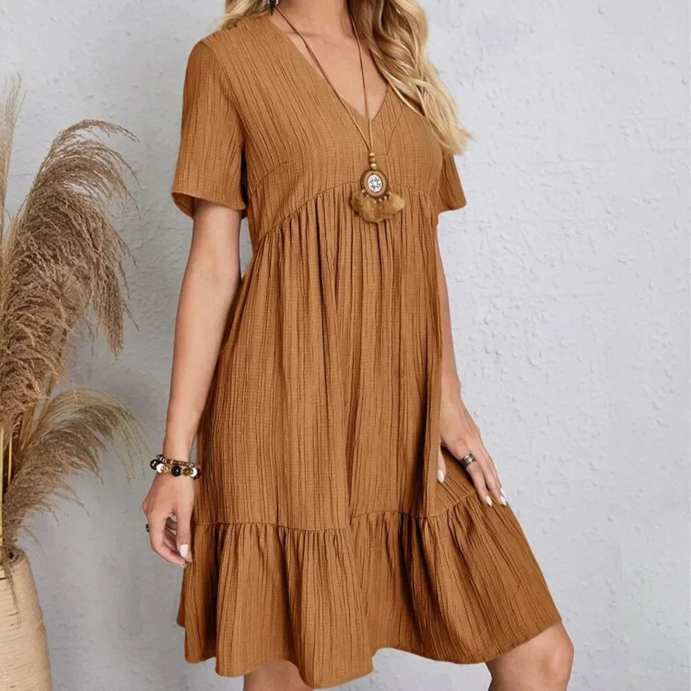 Willow Textured V-Neck Tiered Mini Dress – Breezy Summer Smock Dress