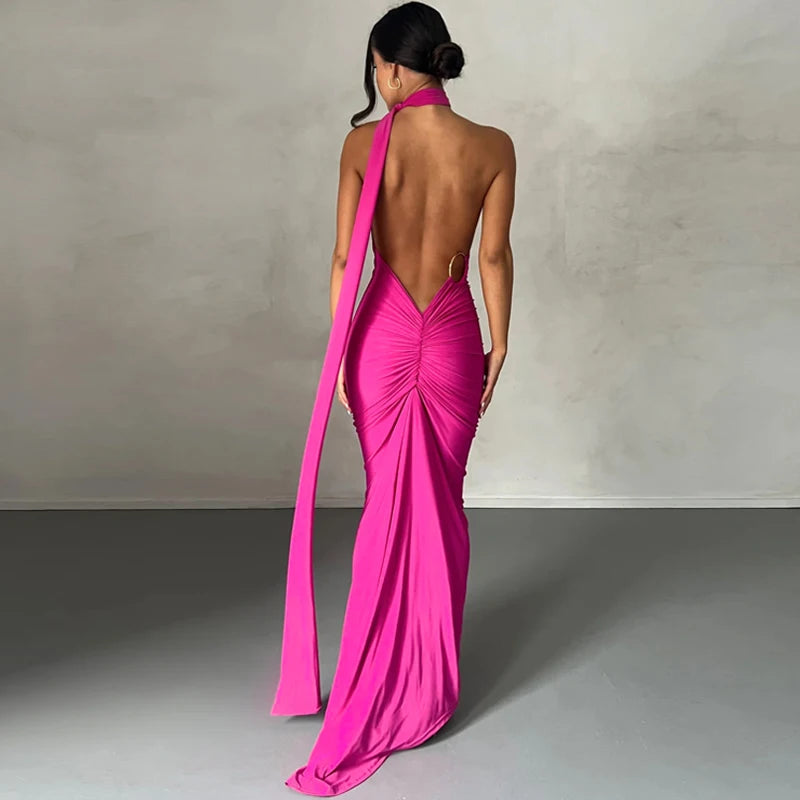 Hugcitar One Shoulder Backless Ruched Maxi Dress - Sexy Adjustable Scarf Loop Elegant Y2K Festival Clubwear