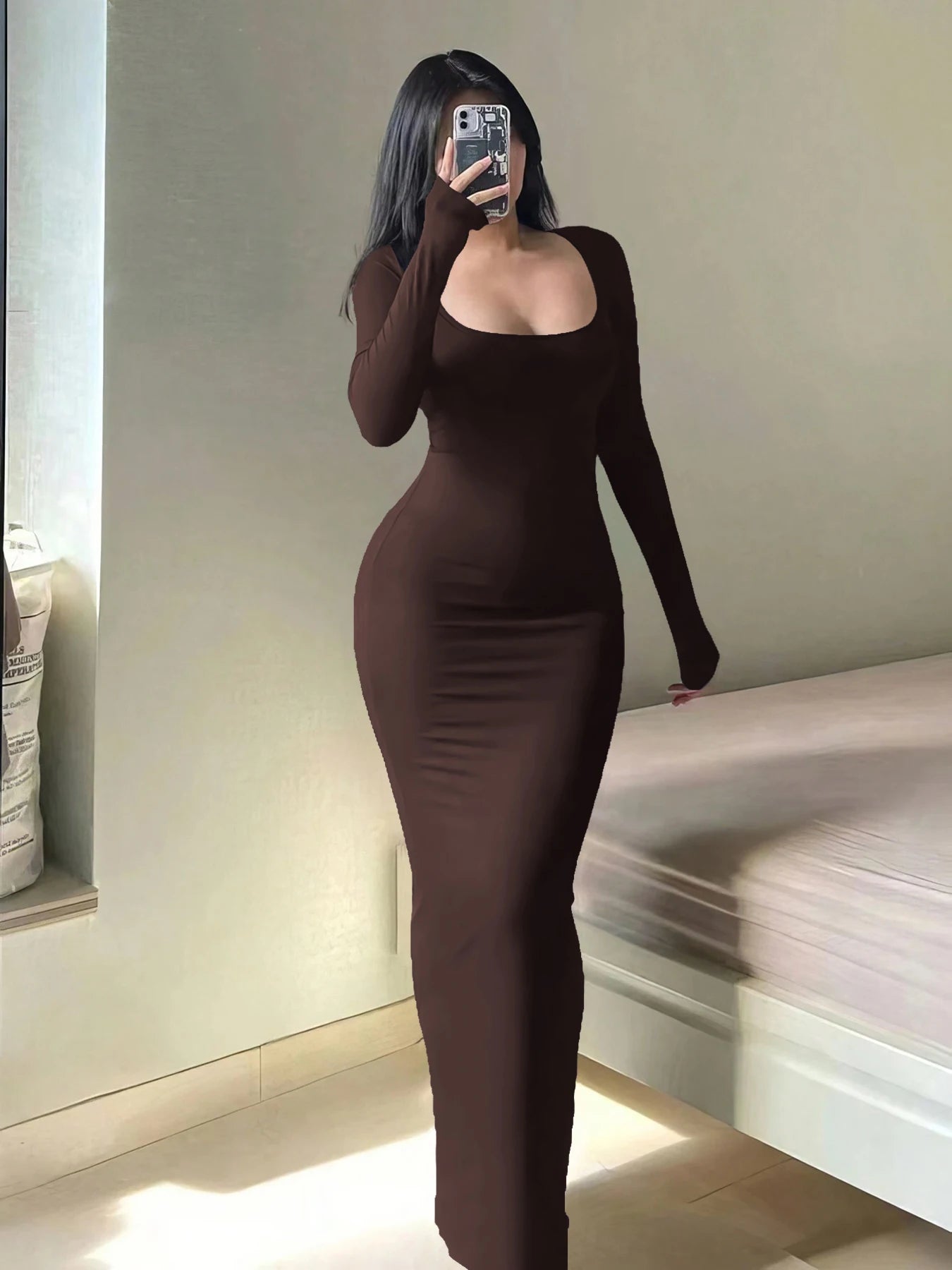 Women's Chic Basic Bodycon Maxi Dress - Minimalist Scoop Neck Long Sleeve Casual Fashion Long Dress