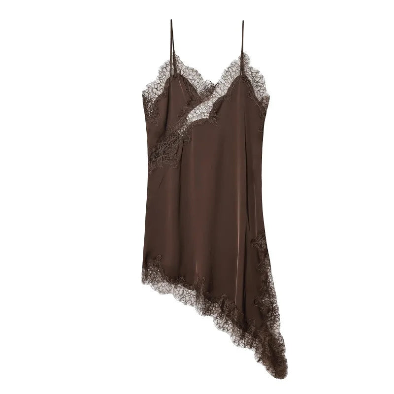 Aria Asymmetric Lace Slip Dress – Elegant Black Backless Mini