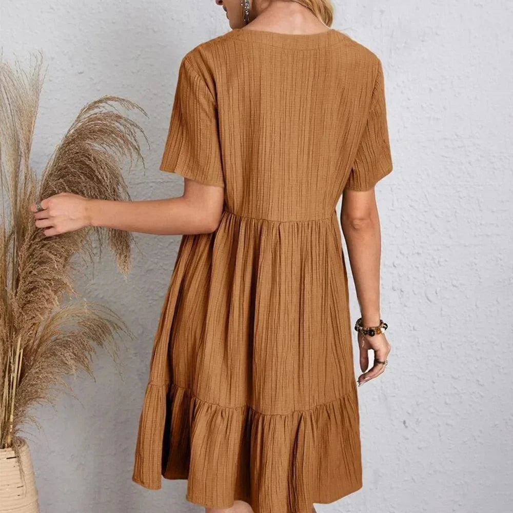 Willow Textured V-Neck Tiered Mini Dress – Breezy Summer Smock Dress