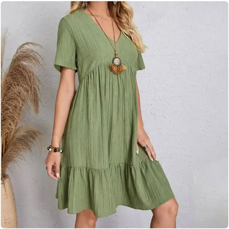 Willow Textured V-Neck Tiered Mini Dress – Breezy Summer Smock Dress