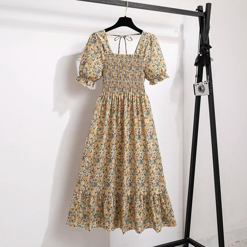 Women's Spring Summer Chiffon Pleated Dress - Casual Short Sleeve Elastic Waist A-Line Vestidos