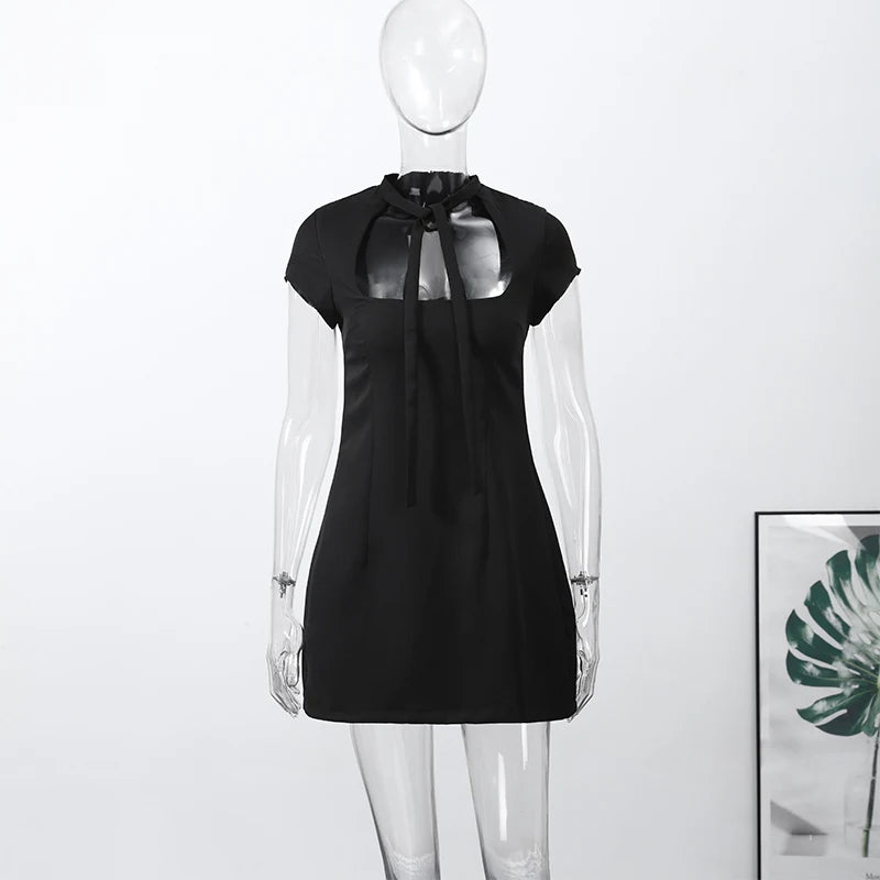 Women's Summer Hollow-Out Polka Dot Mini Dress - Sexy Slimming Hip-Package Party Dress with Belt & Zipper