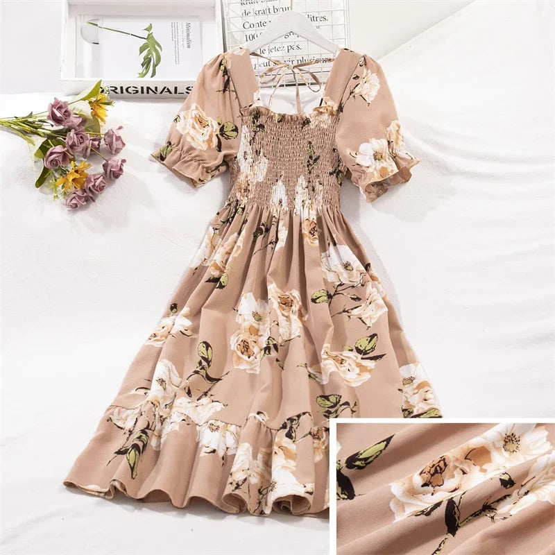 Women's Spring Summer Chiffon Pleated Dress - Casual Short Sleeve Elastic Waist A-Line Vestidos