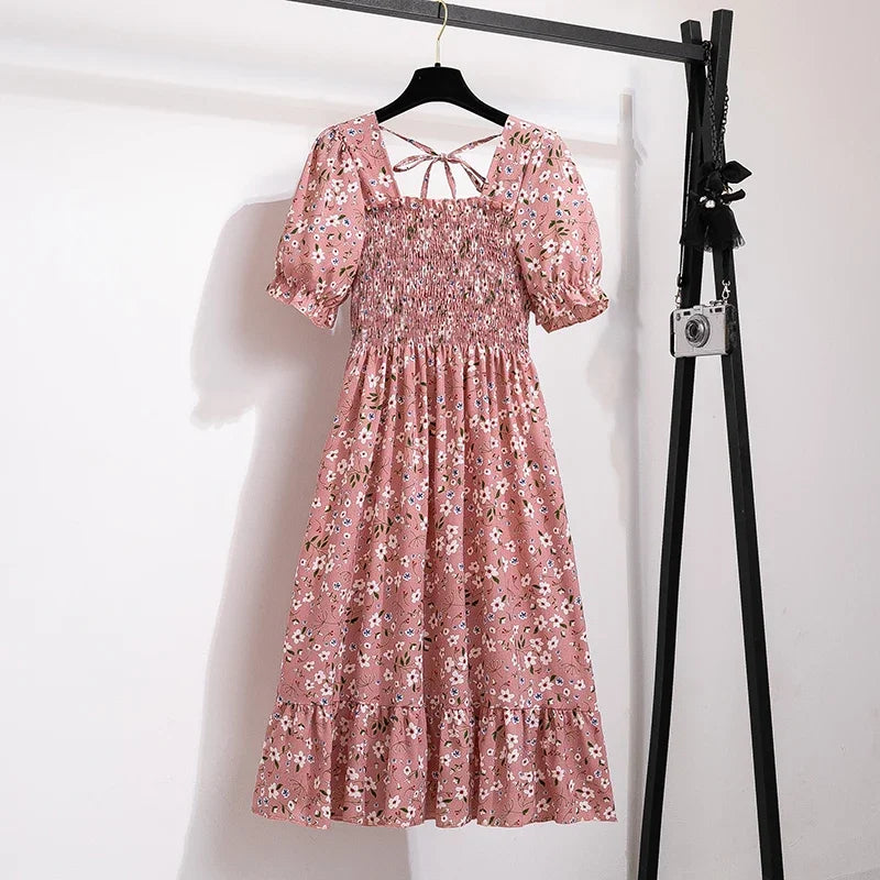 Women's Spring Summer Chiffon Pleated Dress - Casual Short Sleeve Elastic Waist A-Line Vestidos
