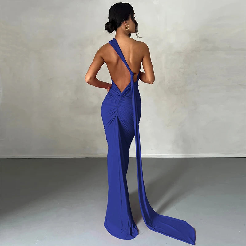Hugcitar One Shoulder Backless Ruched Maxi Dress - Sexy Adjustable Scarf Loop Elegant Y2K Festival Clubwear